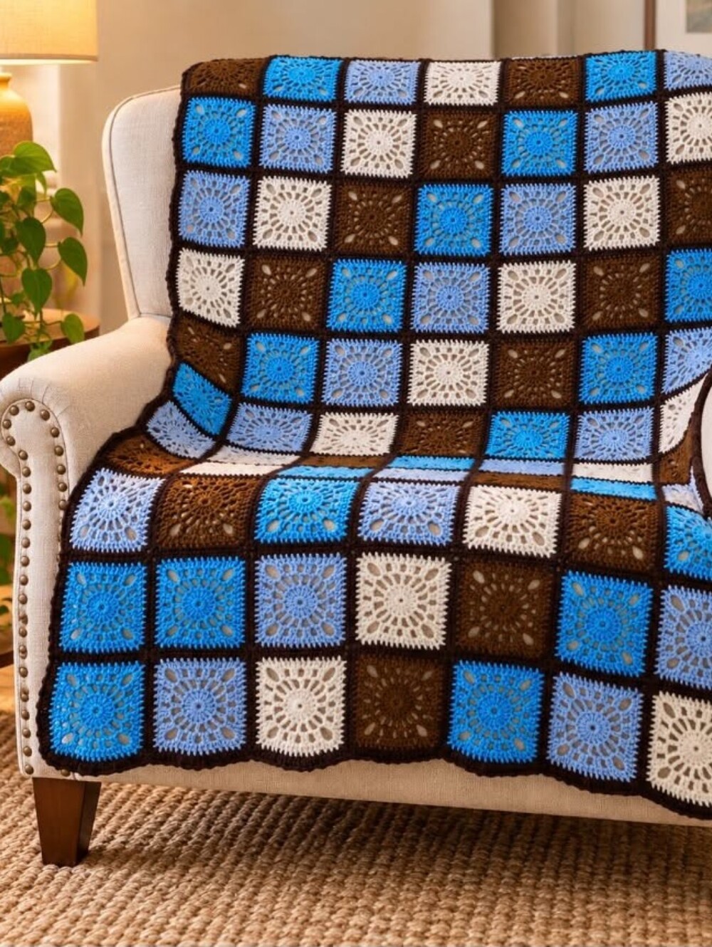 Handmade Crochet Granny Square Afghan Blanket Blue Brown Cream Throw 40x57